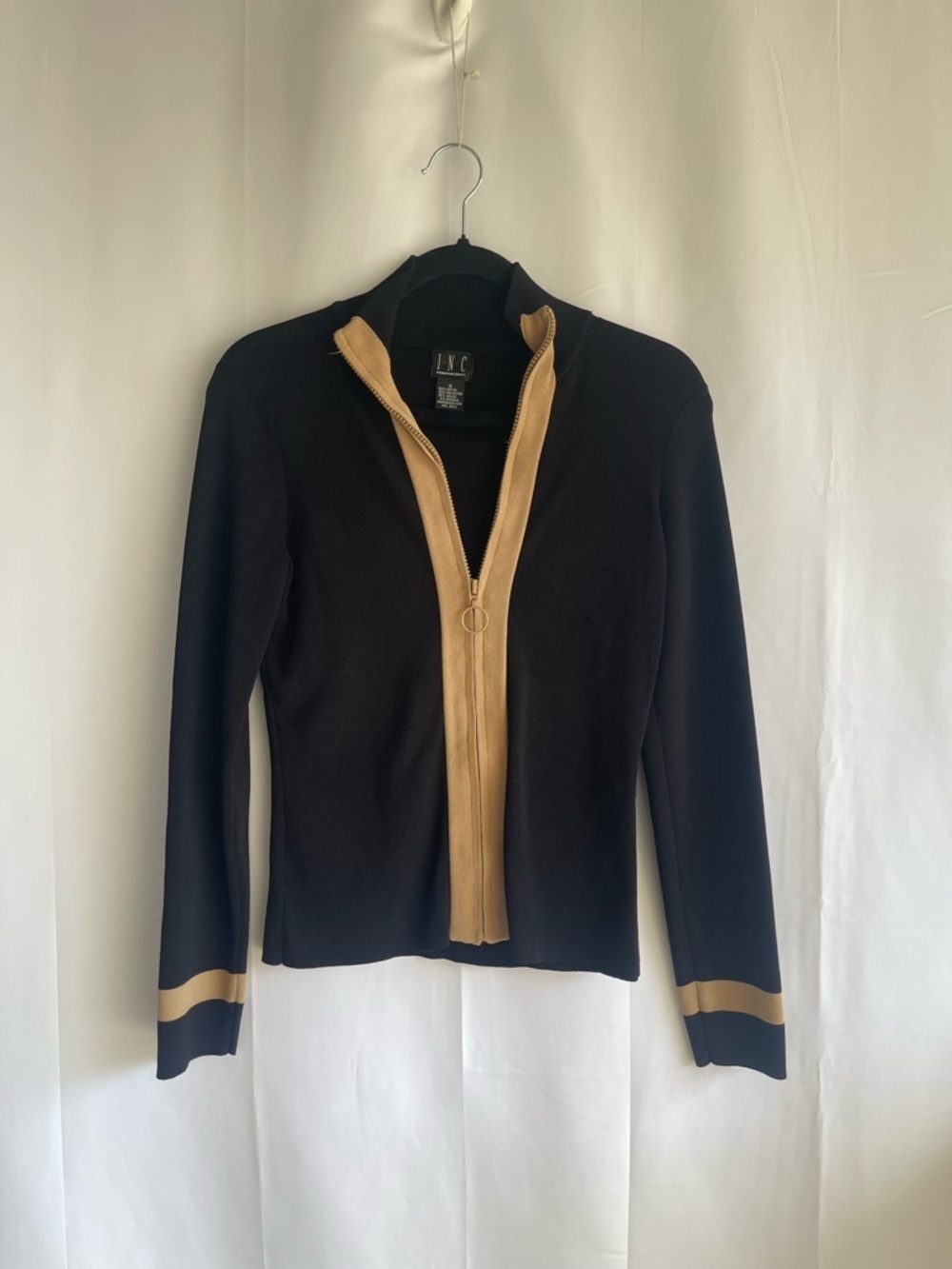 INC International Concepts Black Jacket with Tan Trim Zip Front